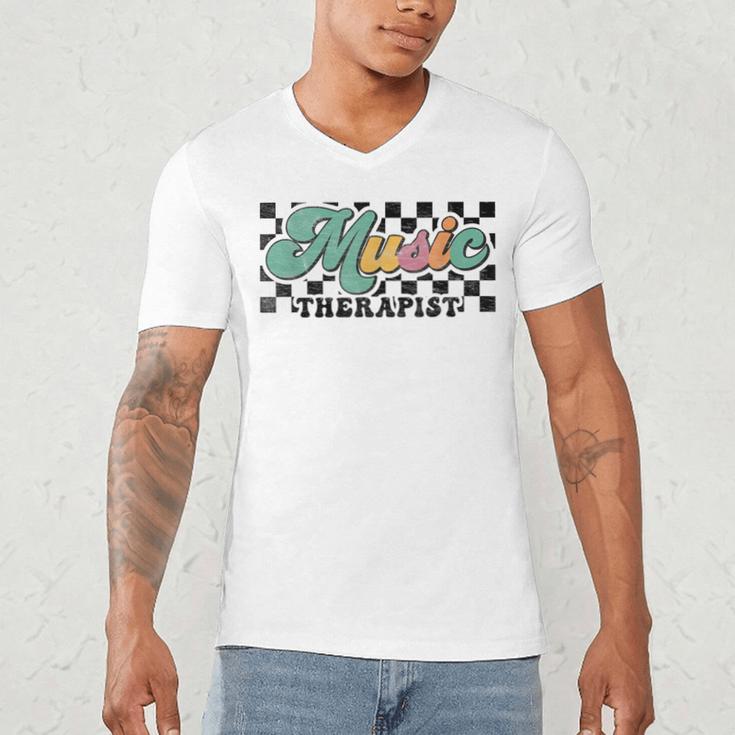 Retro Checkered Music Therapist Squad Music Therapy Teacher For Men Women Men's V-Neck T-Shirt, novelty gifts, funny gifts