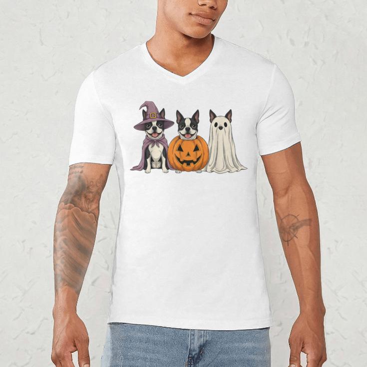 Spooky Ghost Boston Terrier Pumpkin Halloween Dog Lover Men's V-Neck T-Shirt, novelty gifts, funny gifts