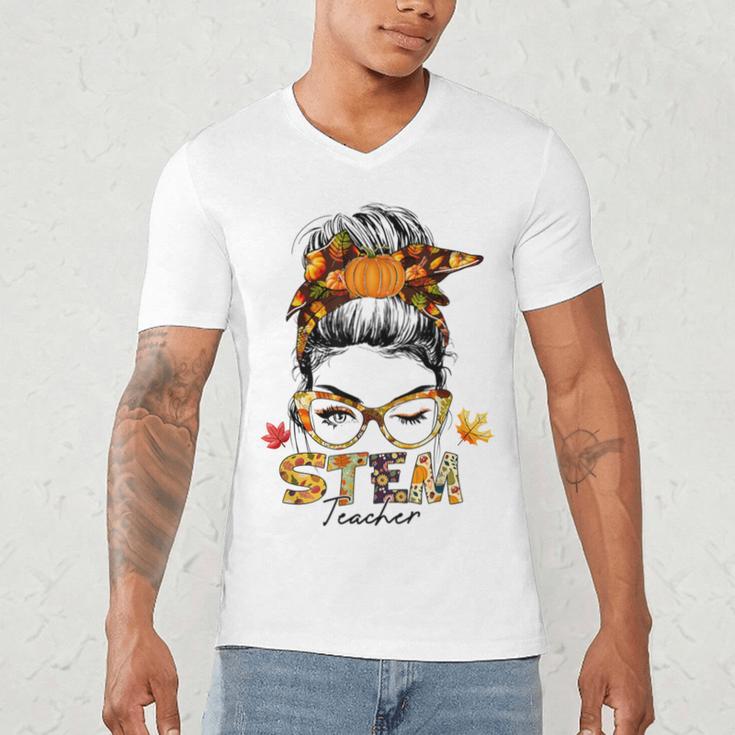 STEM Teacher Messy Bun Fall Vibes Autumn Thanksgiving Men Women Men's V-Neck T-Shirt, novelty gifts, funny gifts