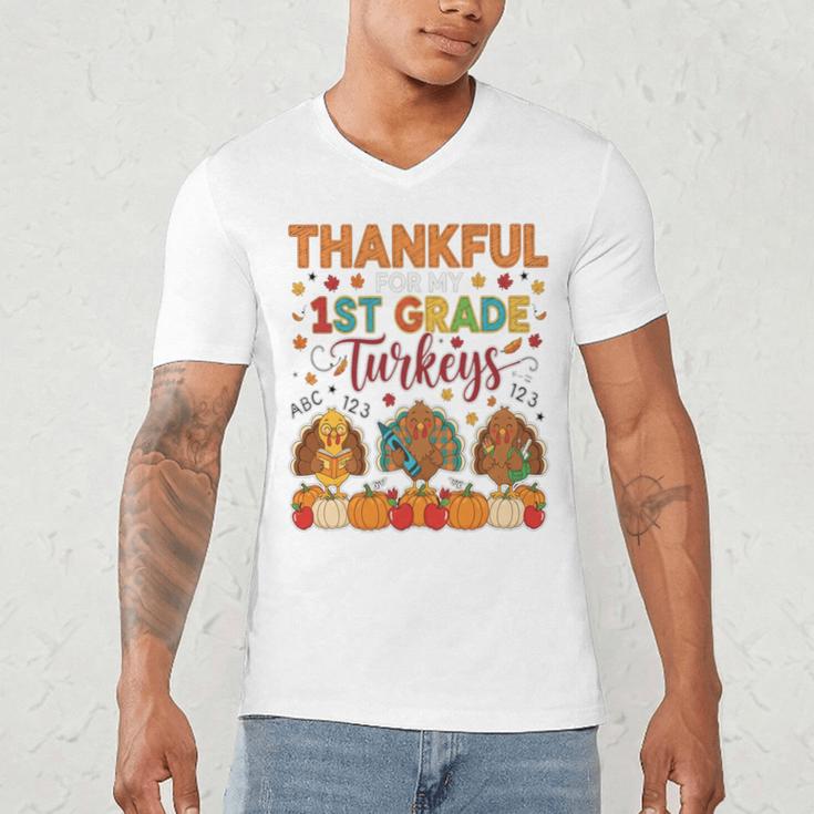 Teach Thanksgiving Teacher Thankful For My 1st Grade Turkeys Men's V-Neck T-Shirt, novelty gifts, funny gifts