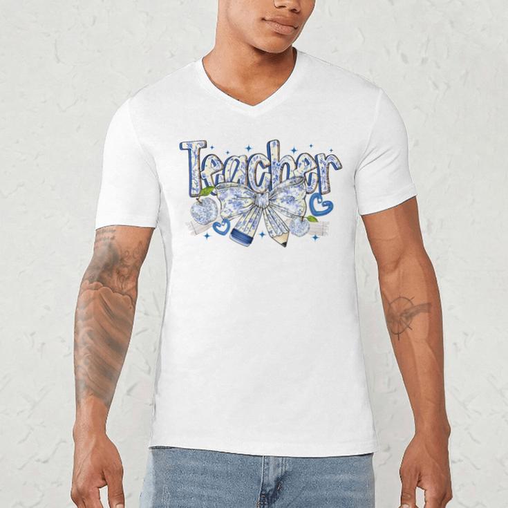 Teacher Blue Chinoiserie Coquette Bow Heart Teacher Life Men's V-Neck T-Shirt, novelty gifts, funny gifts Teacher Blue Chinoiserie Coquette Bow Heart Teacher Life Men's V-Neck T-Shirt, novelty gifts, funny gifts