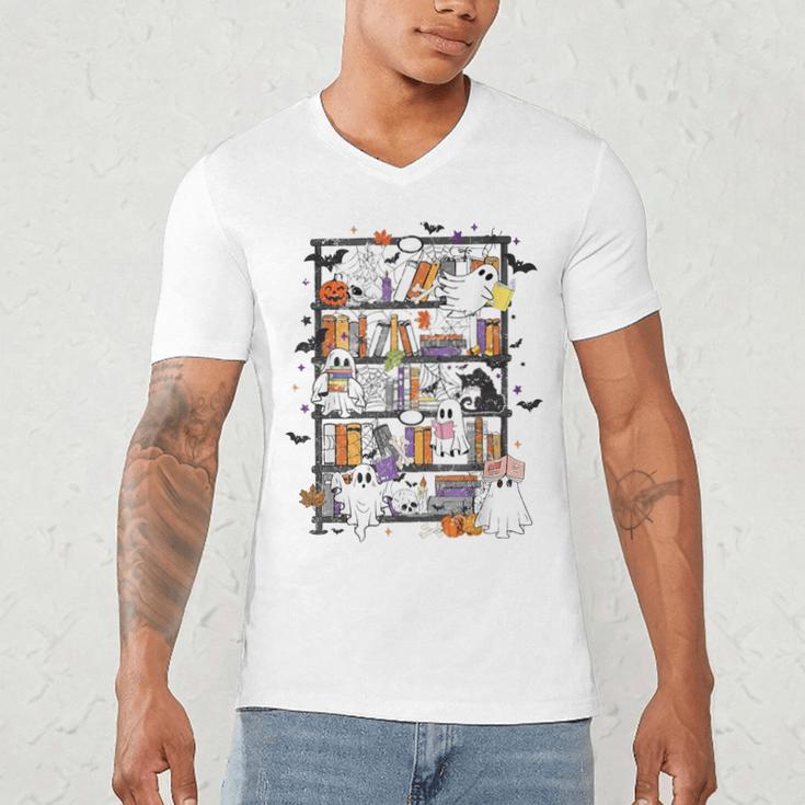 Teacher Library Ghost Reading Book Halloween Cat Men's V-Neck T-Shirt, novelty gifts, funny gifts