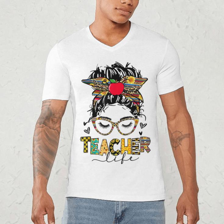 Teacher Life Messy Bun Glasses Leopard Sunflower Men's V-Neck T-Shirt, novelty gifts, funny gifts
