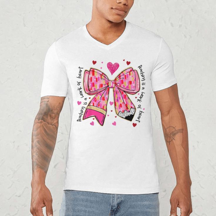 Teaching Is A Work Of Heart Pencil Bow Teacher Valentine Men's V-Neck T-Shirt, novelty gifts, funny gifts