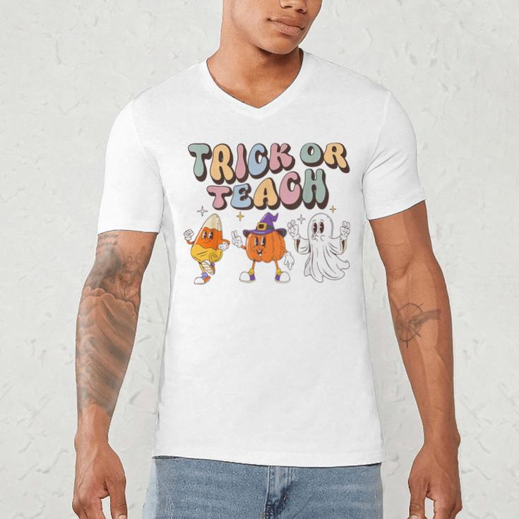 Trick Or Teach Candy Corn Pumpkin Ghost Teacher Men's V-Neck T-Shirt, novelty gifts, funny gifts