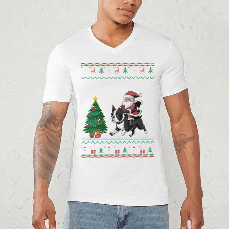 Ugly Christmas Tree Lights Xmas Santa Riding Boston Terrier Men's V-Neck T-Shirt, novelty gifts, funny gifts