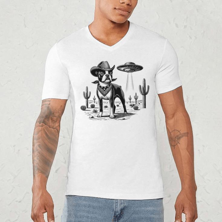 Vintage Boston Terrier UFO Western Wild West Dog Mom Dad Men's V-Neck T-Shirt, novelty gifts, funny gifts