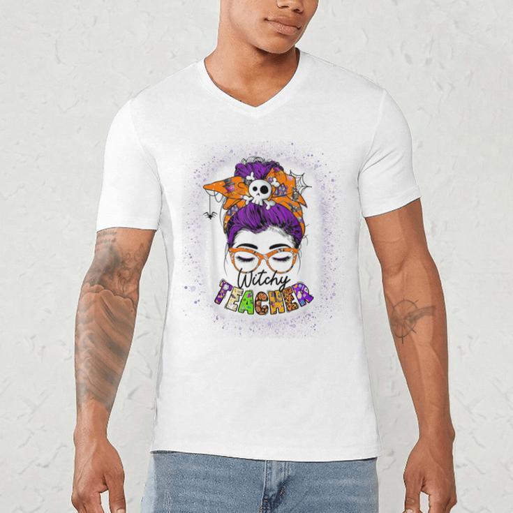 Witchy Teacher Halloween Messy Bun Teacher Bleached Men's V-Neck T-Shirt, novelty gifts, funny gifts Witchy Teacher Halloween Messy Bun Teacher Bleached Men's V-Neck T-Shirt, novelty gifts, funny gifts