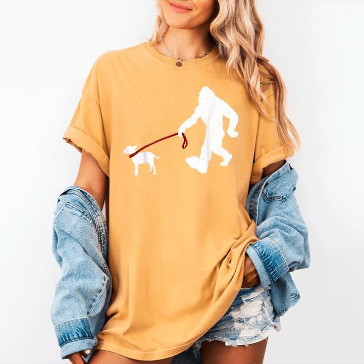 Bigfoot Walking With Bull Terrier Dog Women's Comfort Colors T-Shirt
