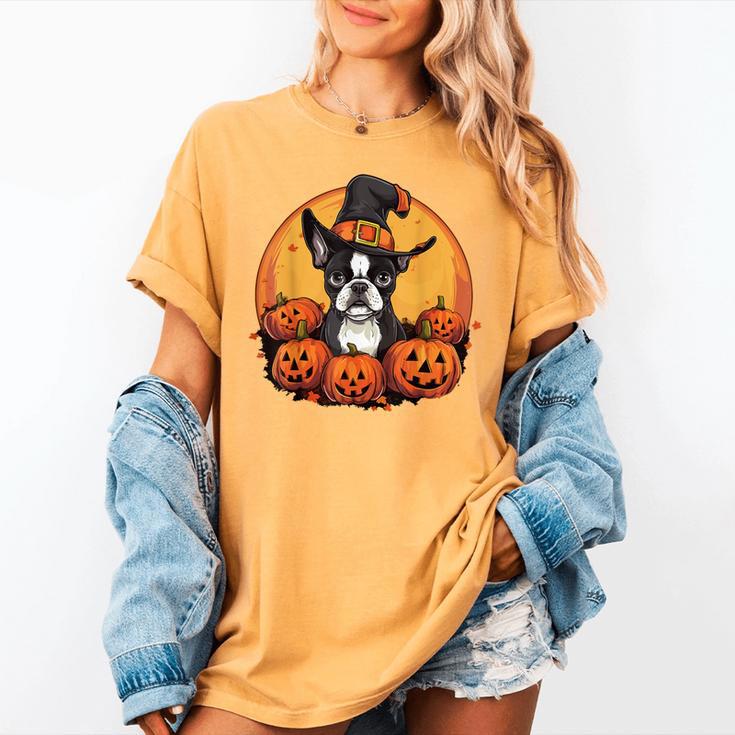 Boston Terrier Bostie Dog Breed Pet Halloween Pumpkins Women's Comfort Colors T-Shirt