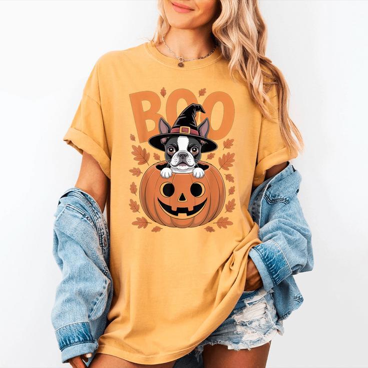 Boston Terrier Costume On Pumpkin Halloween Boston Terrier Women's Comfort Colors T-Shirt