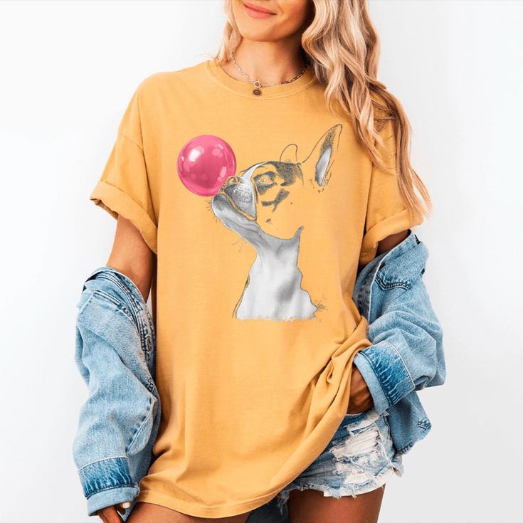 Boston Terrier Dog Blowing Chewing Bubble Gum Pink Women's Comfort Colors T-Shirt