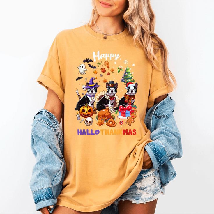 Boston Terrier Dog Christmas Happy Hallothankmas Halloween For Men Women Kids Women's Comfort Colors T-Shirt