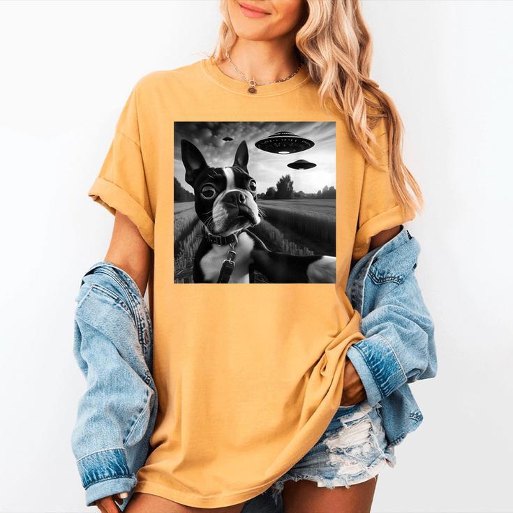 Boston Terrier Graphic Selfie With UFOs Weird Aliens Women's Comfort Colors T-Shirt