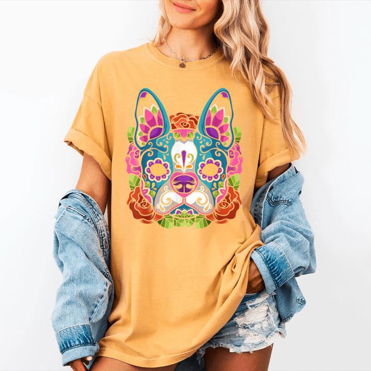 Boston Terrier Sugar Skull Dog Day Of The Dead Women's Comfort Colors T-Shirt
