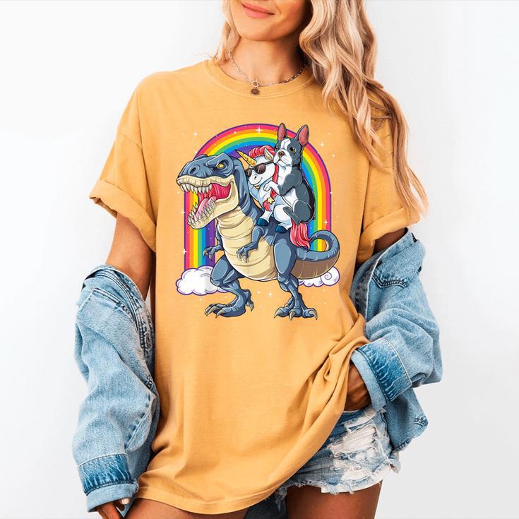 Boston Terrier Unicorn Riding Dinosaur T-Rex Girls Rainbow Women's Comfort Colors T-Shirt