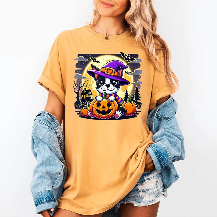 Halloween Boston Terrier Dog Breed With Jack O' Lantern Art Women's Comfort Colors T-Shirt
