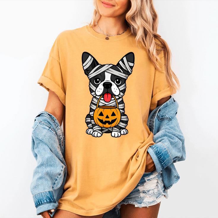 Halloween Dog Boston Terrier Mummy Costume Men Women Kids Women's Comfort Colors T-Shirt