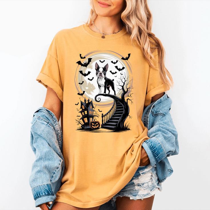 Spooky Halloween Moon Boston Terrier Boston Bull Bostie Women's Comfort Colors T-Shirt