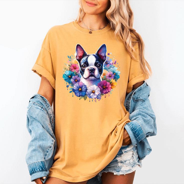 Watercolor Floral Boston Terrier Mama Dog Lover Mother's Day Women's Comfort Colors T-Shirt
