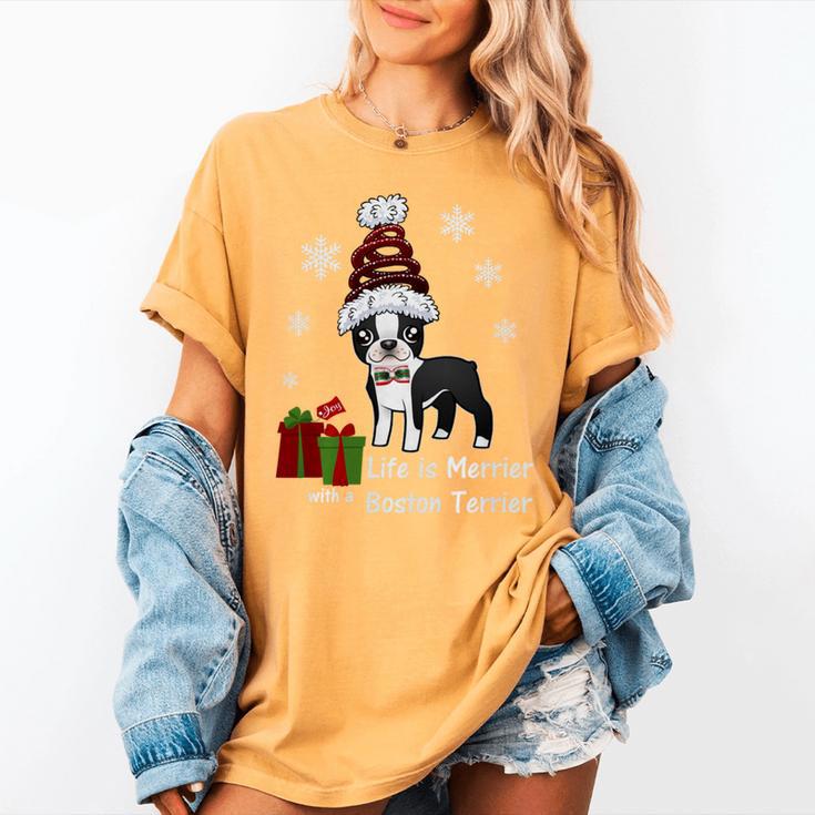 Boston Terrier Christmas T Shirt-Life Is Merrier Premium Tri-Blend Women's Comfort Colors T-Shirt