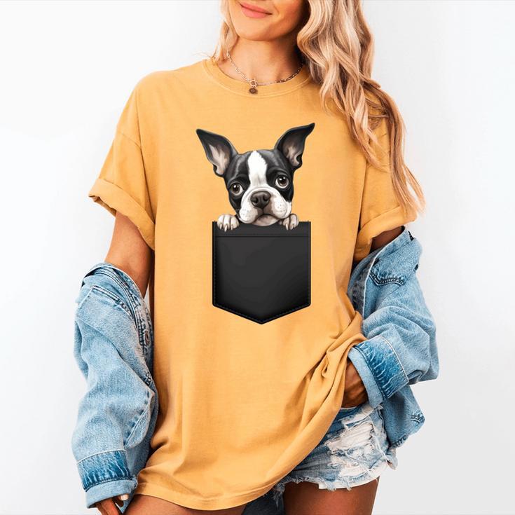 Boston Terrier Dog Puppy Dog In Pocket Cute Pet Lover Women's Comfort Colors T-Shirt