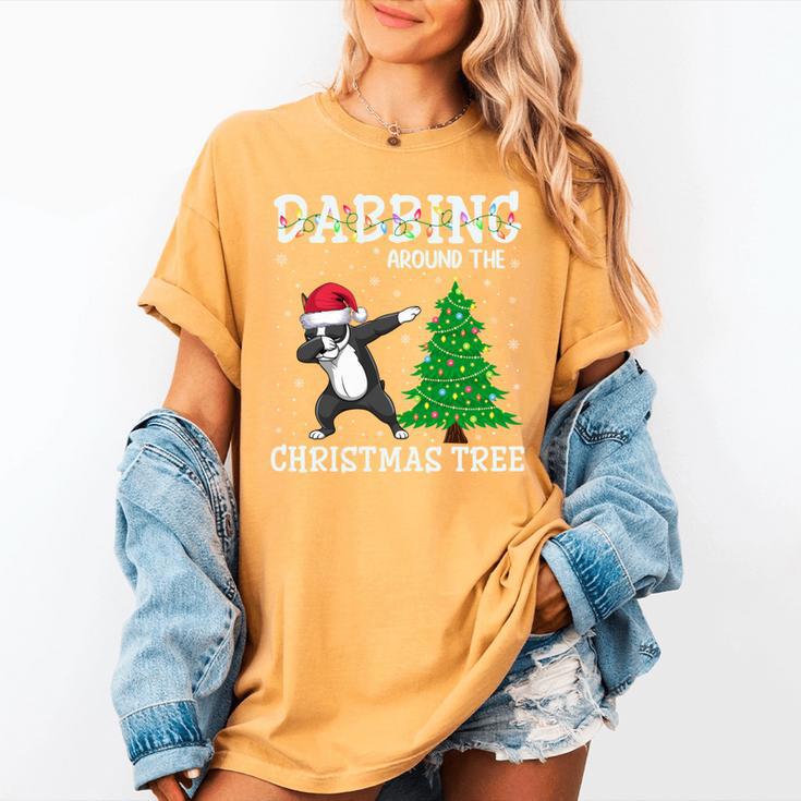 Boston Terrier Santa Hat Dabbing Around The Christmas Tree Women's Comfort Colors T-Shirt