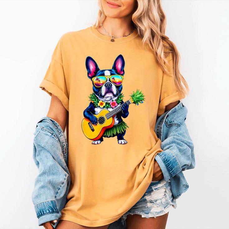 Hawaiian Boston Terrier & Pineapple Ukulele Summer Vacation Women's Comfort Colors T-Shirt