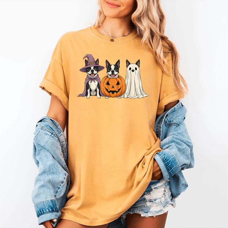 Spooky Ghost Boston Terrier Pumpkin Halloween Dog Lover Women's Comfort Colors T-Shirt