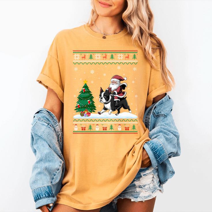 Ugly Christmas Tree Lights Xmas Santa Riding Boston Terrier Women's Comfort Colors T-Shirt