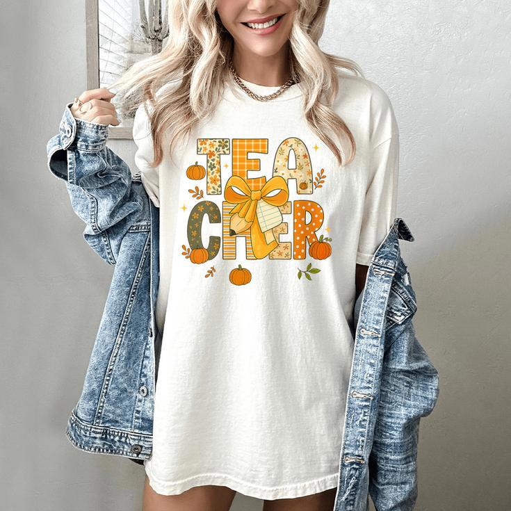 Fall Teacher Pumpkin Coquette Bow Autumn Classroom Women's Comfort Colors T-Shirt