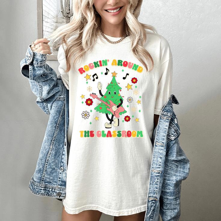 Teacher Christmas Shirts Pajama Matching Rockin' Around The Classroom -Adult Short Sleeve Small Modern Festive Christmas Teacher Xmas Vibes T-Shirt Women's Comfort Colors T-Shirt