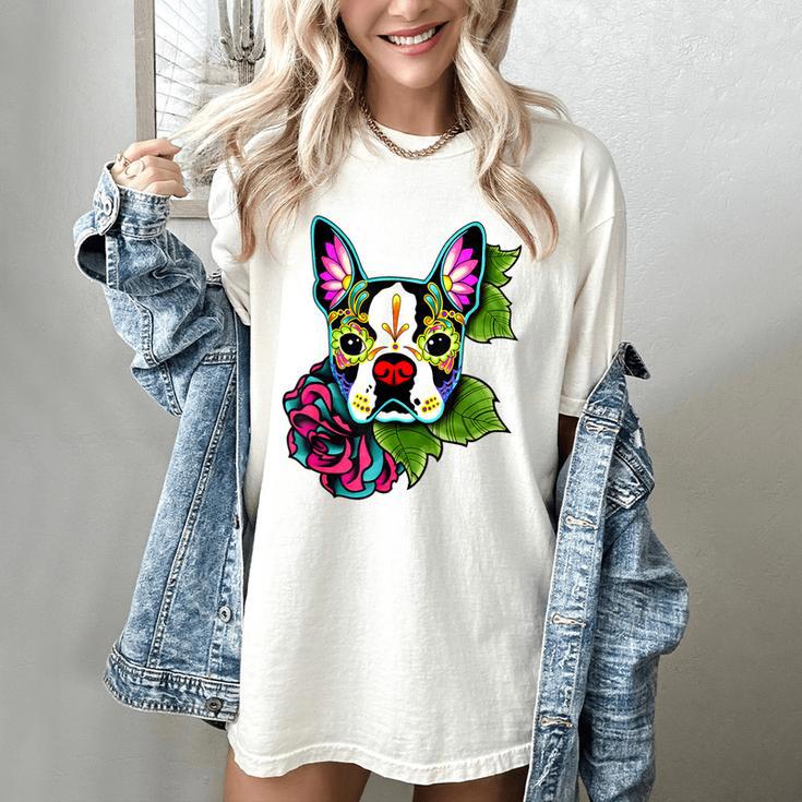 Boston Terrier In Day Of The Dead Sugar Skull Dog Women's Comfort Colors T-Shirt