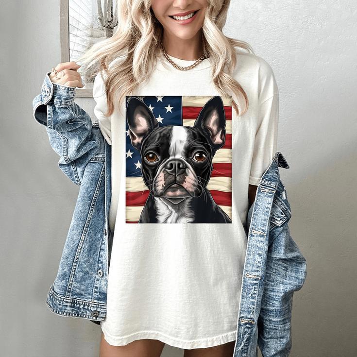 Boston Terrier Dog American Flag 4th Of July Patriotic Puppy Women's Comfort Colors T-Shirt