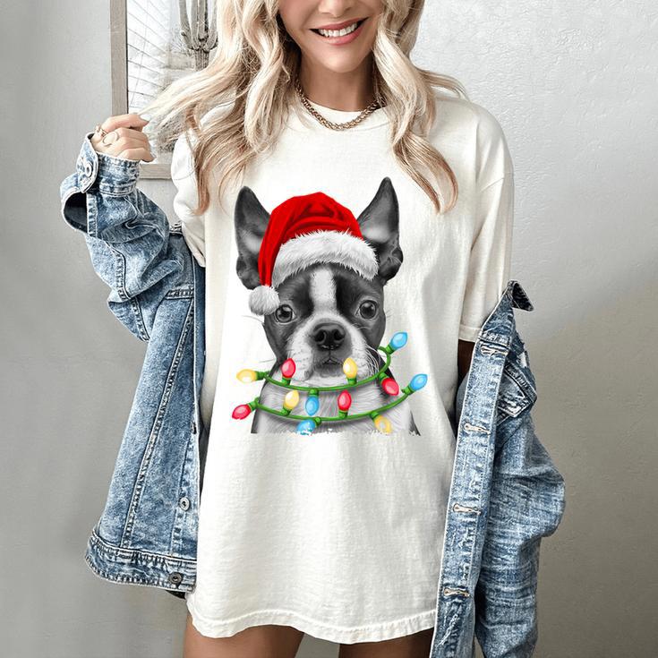 Boston Terrier Dog Santa Christmas Tree Lights Xmas Women's Comfort Colors T-Shirt
