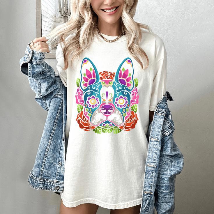 Boston Terrier Sugar Skull Dog Day Of The Dead Women's Comfort Colors T-Shirt