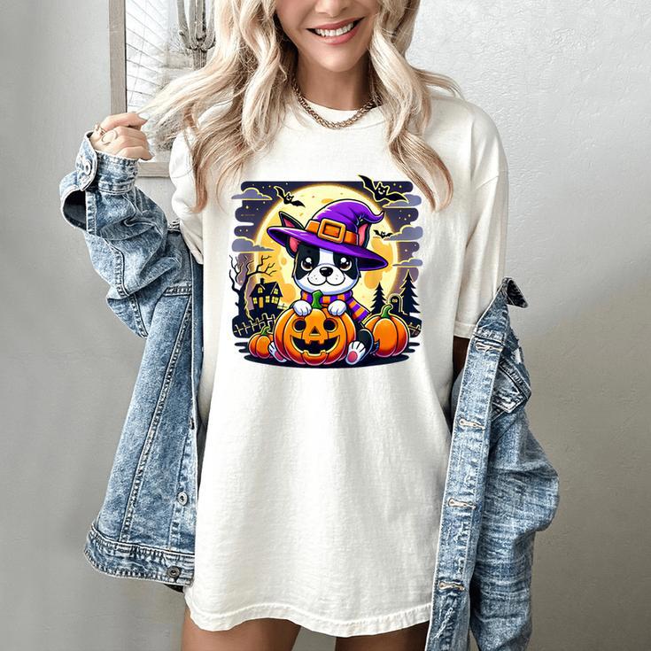 Halloween Boston Terrier Dog Breed With Jack O' Lantern Art Women's Comfort Colors T-Shirt