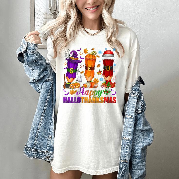 Happy Hallothanksmas Halloween Thanksgiving Pencils Teachers Women's Comfort Colors T-Shirt Happy Hallothanksmas Halloween Thanksgiving Pencils Teachers Women's Comfort Colors T-Shirt