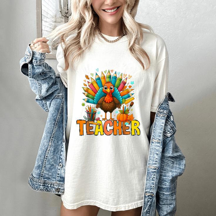 One Thankful Teacher Thanksgiving Turkey Cute Crayon Pencil Women's Comfort Colors T-Shirt One Thankful Teacher Thanksgiving Turkey Cute Crayon Pencil Women's Comfort Colors T-Shirt