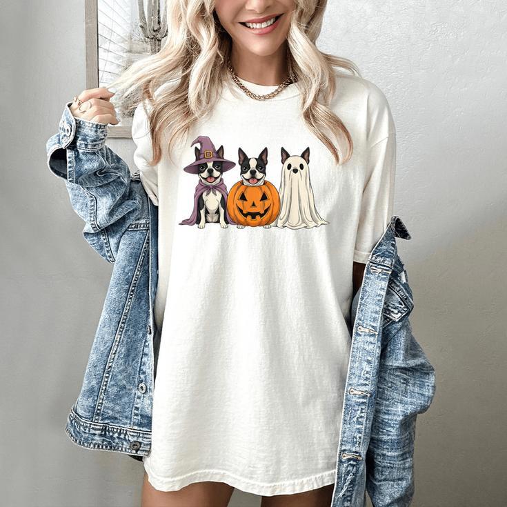 Spooky Ghost Boston Terrier Pumpkin Halloween Dog Lover Women's Comfort Colors T-Shirt