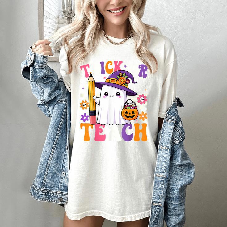 Trick Or Teach Teacher Pencil Ghost Halloween Teacher Women's Comfort Colors T-Shirt Trick Or Teach Teacher Pencil Ghost Halloween Teacher Women's Comfort Colors T-Shirt