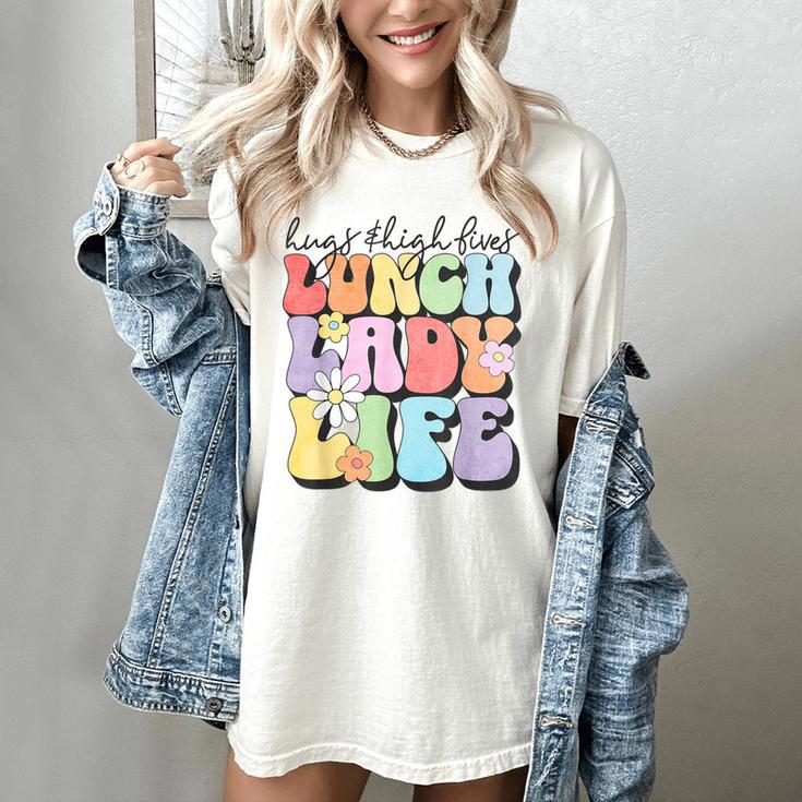 Soul Bleach Teacher Staff First Day Of School Last Hugs & High Fives Lunch Lady Vibes Blue Classic Fit Women's Comfort Colors T-Shirt