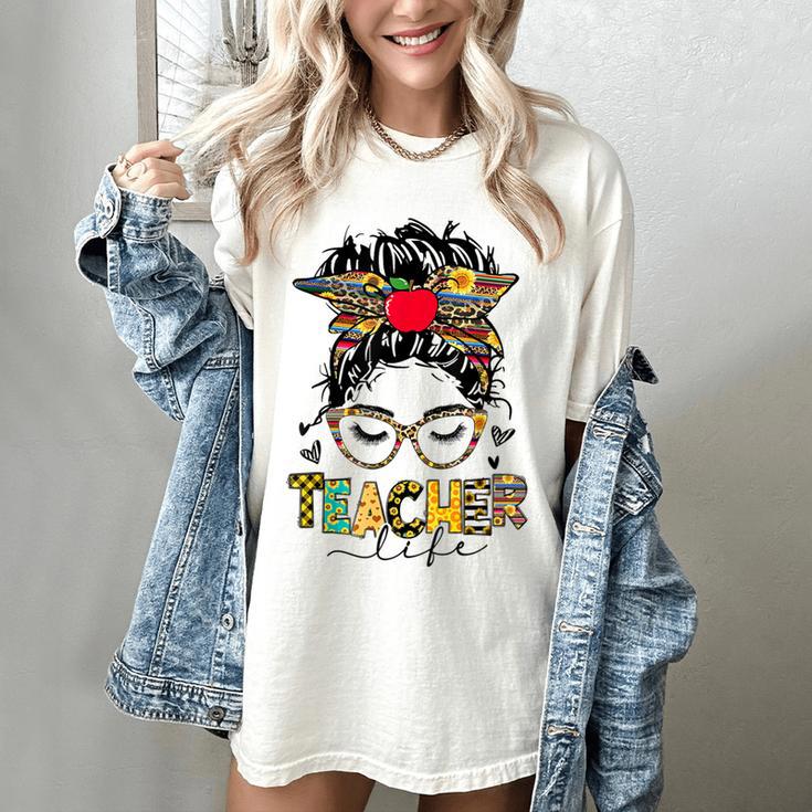 Teacher Life Messy Bun Glasses Leopard Sunflower Women's Comfort Colors T-Shirt