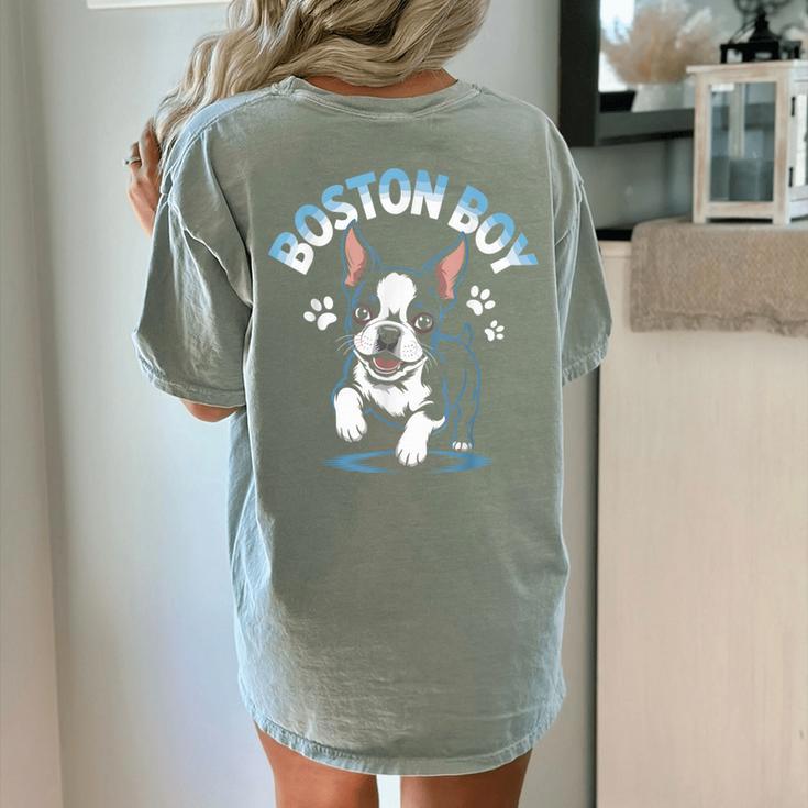 Boston Terrier Boy Cute Cartoon Dog Owner Pet Boston Terrier Women's Comfort Colors T-Shirt Back Print