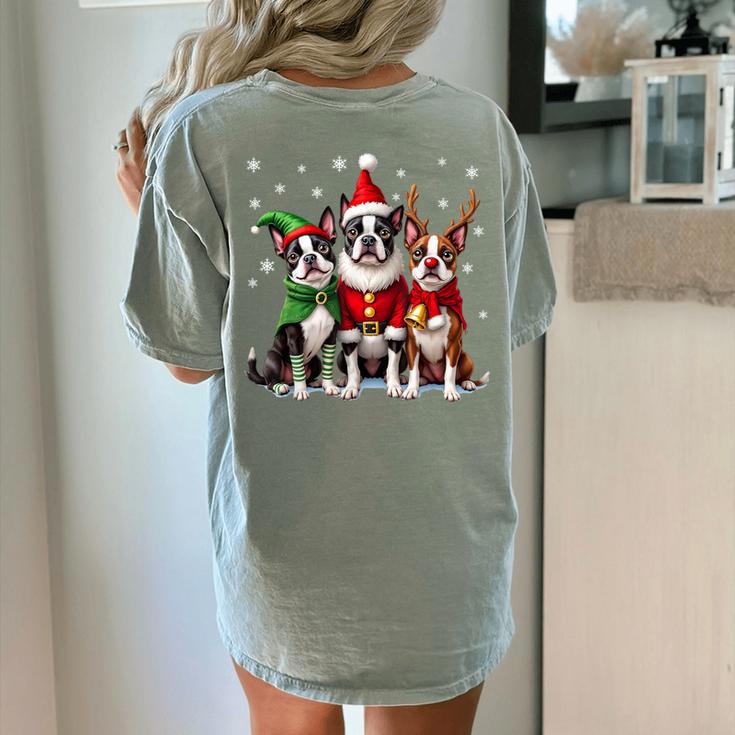 Boston Terrier Christmas Dogs Santa Reindeer Elf Women's Comfort Colors T-Shirt Back Print