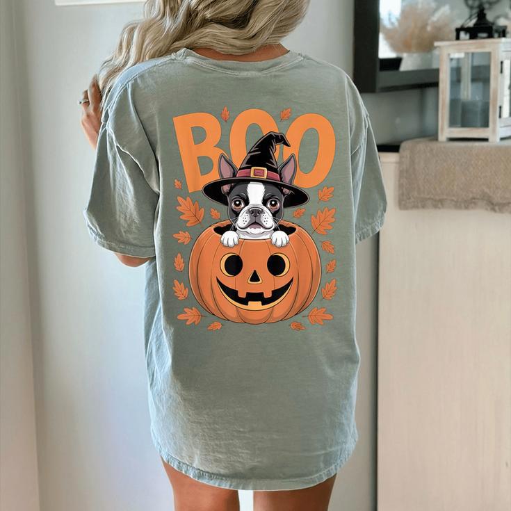 Boston Terrier Costume On Pumpkin Halloween Boston Terrier Women's Comfort Colors T-Shirt Back Print