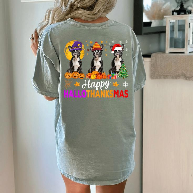 Boston Terrier Dog Halloween Christmas Hallothanksmas Men Women Kids Women's Comfort Colors T-Shirt Back Print