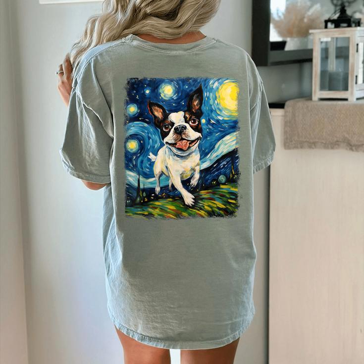 Boston Terrier Dog Starry Night Painting Women's Comfort Colors T-Shirt Back Print