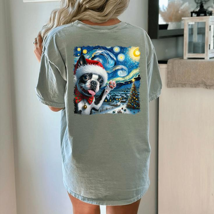 Boston Terrier Santa Starry Night Van Gogh Christmas Dog Men Women Kids Women's Comfort Colors T-Shirt Back Print
