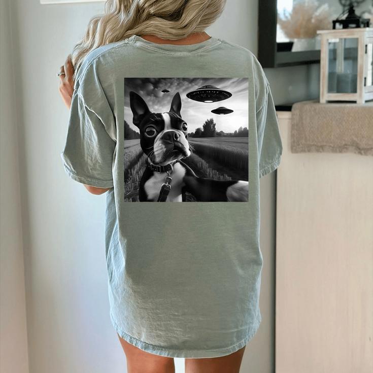 Boston Terrier Graphic Selfie With UFOs Weird Aliens Women's Comfort Colors T-Shirt Back Print